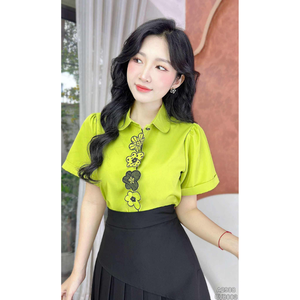 Camisa de Manga Corta para Mujer con Apliques Florales, Estilo Casual de Oficina, Color Sólido, Fácil de Usar - Product Image 4
