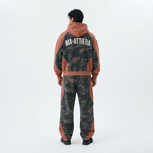 Men Rust Brown <b>Camouflage</b> Zip Up Hoodie <b>Tracksuit</b> Set Loose Fit Contrast Panel Streetwear Custom OEM ODM Wholesale - Product Image 2