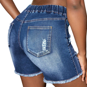 Women's Summer Casual Cute Blue Denim Shorts <b>Elastic</b> Mid <b>Waist</b> Drawstring Ripped Distressed Raw Hem Streetwear Fashion Daily - Product Image 2