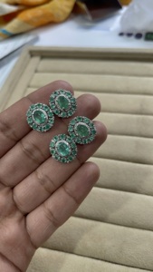 Genuine Emerald and Diamond Flower <b>Silver</b> <b>Stud</b> Earrings 92.5 Sterling <b>Silver</b> Earring - Product Image 4