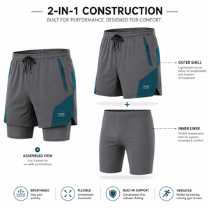 Shorts pour hommes à séchage rapide avec poches zippées, taille élastique, empiècements contrastants, double couche, design gris et turquoise, vente en gros - Product Image 2
