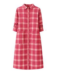 Vestido Camisero Rojo a Cuadros para Mujer, Manga Larga, Cierre de Botones, Midi, Casual, Holgado, de Algodón Tejido, con Bolsillos, para Primavera, Estilo Diario - Product Image 1
