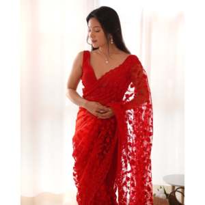 Sari de Diseño Negro con Bordado Zari y Pedrería, Sin Coser, Creación RV para un Estilo Profesional - Product Image 4