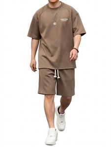 ONETEN <b>Men</b> Regular Fit <b>Short</b> Sleeve Jersey T-Shirt and <b>Shorts</b> Set Crew Neck Back Logo Two Piece Outfit 200 Grams <b>Brown</b> - Product Image 3