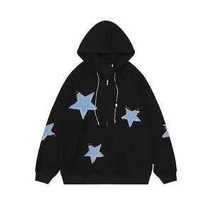Custom Star Patch Zip Up Hoodie <b>Men's</b> 100% Cotton Breathable Fit Embroidered Star Pattern Hoodie Street Fashion <b>Jacket</b> - Product Image 2
