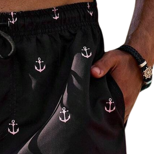 Short de bain noir pour homme, imprimé ancre, logo frontal, 100 % polyester, séchage rapide, taille élastique avec cordon de serrage, décontracté, été, natation, usage quotidien - Product Image 5