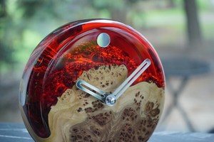 Handmade Burr Elm Wood <b>Clock</b> Red Epoxy Resin Desk Timepiece - Product Image 2
