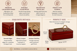 Deep Red Lacquered Glass Jewelry Storage Box with Antique <b>Gold</b> Key Handle Decorative Keepsake and Vanity Organizer - Product Image 2