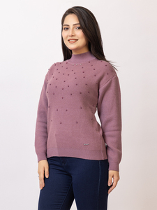 Suéter de Punto Sólido para Mujer, Cuello Alto, Manga Larga, con Detalles Adornados con Tachuelas, Estilo Casual de Invierno - Product Image 4