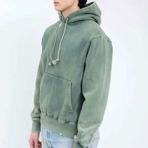 Sweat-shirt à capuche oversize pour homme, vert uni, en coton délavé, molleton bouclette, décontracté, pour l'automne, avec poches, anti-boulochage - Product Image 2