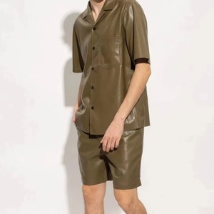 Mens Faux Leather <b>Shirt</b> with Straight Short Sleeve <b>Button</b> Front Top for Daily Fashion Casual Gatherings and Smart Style Looks - Product Image 3