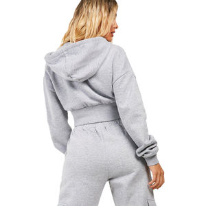 Womens Grey Solid <b>Crop</b> <b>Zip</b> <b>Up</b> Hoodie Long Sleeve Casual Fleece Jacket Custom Logo OEM ODM Wholesale Apparel - Product Image 2