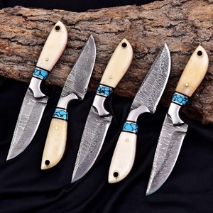 Ensemble de couteaux de chasse en acier Damas, 5 pièces, lame fixe à pointe tombante, manche en ivoire, incrustation turquoise, couteau d'extérieur forgé à la main - Product Image 5