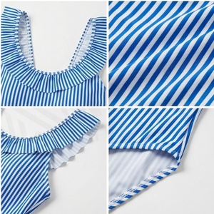 Women Striped One Piece Swimsuit With Ruffled Neckline Blue <b>White</b> Pattern Beachwear - Product Image 4