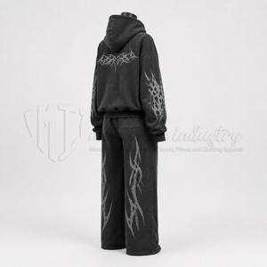 Conjunto Deportivo Unisex con Estampado Gótico, Sudadera con Capucha, Pantalones Anchos, Algodón Negro, Ropa Casual Urbana - Product Image 4
