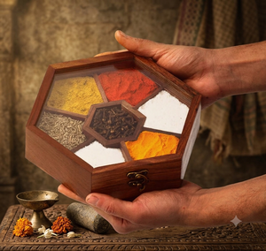 Boîte à épices hexagonale en bois écologique avec couvercle en verre, plusieurs compartiments, organisateur d'assaisonnements pour comptoir de cuisine - Product Image 5