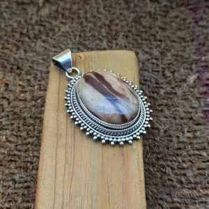 Collar con colgante bohemio de plata 925 elaborado artesanalmente con incrustaciones de ajuste de bisel de piedras preciosas de jaspe con imagen para regalos de boda o fiestas - Product Image 4