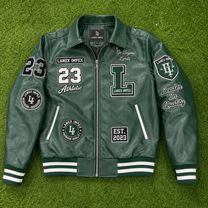 Custom Green <b>Leather</b> Varsity <b>Jacket</b> for <b>Men</b> Embroidered Letterman Bomber <b>Jacket</b> with Chenille Patches OEM ODM Bulk Manufacturer - Product Image 6