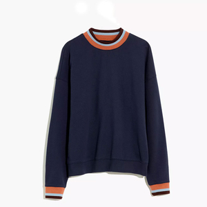 เสื้อสเวตเชิ้ตคอกลมสีกรมท่าสำหรับผู้หญิง ผ้าฝ้ายถัก 100% แต่งสีบล็อก สวมใส่สบายๆ ในฤดูใบไม้ร่วง มีโลโก้ด้านหน้าและกระเป๋า - Product Image 1