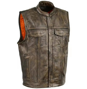 <b>Men's</b> Plus Size <b>Leather</b> Moto Biker <b>Vest</b> with Turn-down Collar and Pockets Washed Solid Color Breathable Winter Outerwear - Product Image 2