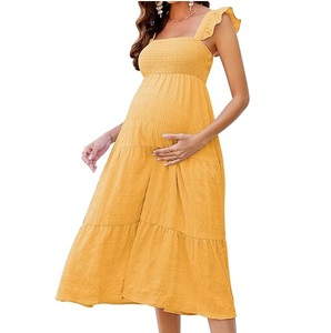 Robe longue maxi unie en soie et lin jaune pour femme enceinte, vêtements d'été les plus vendus, robe de maternité de haute qualité, vente en gros OEM - Product Image 1