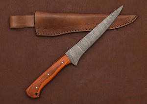 Cuchillo de filetear dentado de acero de Damasco con mango de madera y funda de cuero, hoja de punta caída de 11 pulgadas, fabricado a medida OEM - Product Image 5