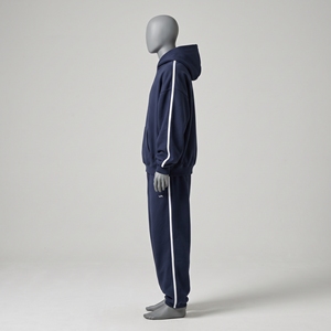 Navy Blue Oversized Sweatsuit <b>Men</b> Hoodie Track Pants Set White Stripe Sleeve Straight Leg <b>Trousers</b> Small Chest Logo <b>Sport</b> Outfit - Product Image 4