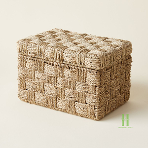 Handmade <b>Rustic</b> Straw Woven Storage Baskets Rectangle Natural Plant Fiber Organizer for Living Room Neatening Use with Lid - Product Image 4