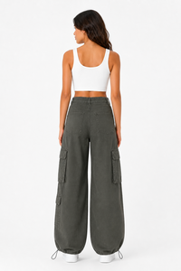 Pantalones Cargo de Mujer de Cintura Alta, Pierna Ancha, Estilo Casual Urbano, Holgados, con Cordón Ajustable en el Bajo, Multibolsillos, Ajuste Holgado - Product Image 3