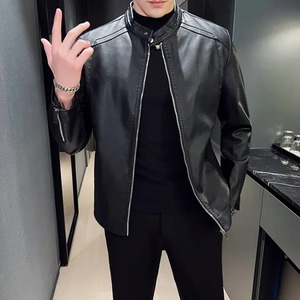 Autumn Men's Casual Coated Genuine Leather Varsity Jacket Fashionable Loose Fit Stand Collar Front Logo Motorcycle <b>Clothing</b> - Product Image 4