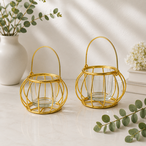 Premium Gold Wire Candle Holder with Glass Insert Set of 2 Gold Metal <b>Lantern</b> Candle Holder with Handle Portable Home Decoration - Product Image 2