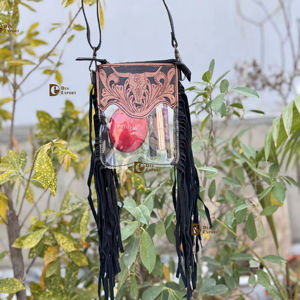 Sac à main multi-usages pour femme, petit format, élégant, en cuir sculpté à la main avec franges, transparent, pour téléphone - Product Image 1