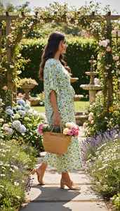 Vestido Kaftán de Algodón con Estampado Floral Verde y Amarillo para Mujer, Estilo Boho, para la Playa o el Verano - Product Image 2