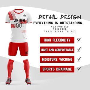Uniforme de Fútbol Personalizable Blanco y Rojo con Estampado por Transferencia Térmica, Cuello en V, Manga Corta, Transpirable, Poliéster Ecológico para Hombre Adulto - Product Image 3