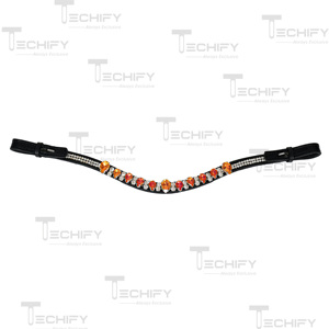Diadema de Cuero Negro Premium para Caballo con Cristales de Estrás Rojo Anaranjado Curvos y Brillantes para Equitación MS TECHIFY EXPORTS LB007 - Product Image 5