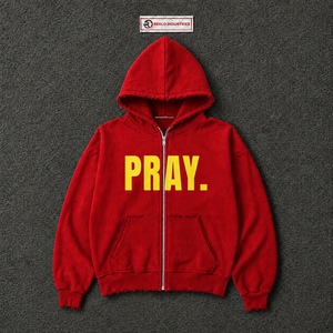Custom Red Oversized Pullover <b>Hoodie</b> With <b>Yellow</b> PRAY Graphic Print Streetwear Unisex Drop Shoulder Fleece Hoodies For <b>Men</b> Women - Product Image 5