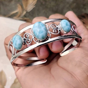 Bracelet manchette ajustable en argent naturel Larimar, bijoux en pierres précieuses faits à la main en argent sterling 925, vente en gros - Product Image 1
