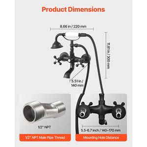 Robinet de baignoire à pattes vintage noir mat avec kit de douche mural et douchette à main - Product Image 3