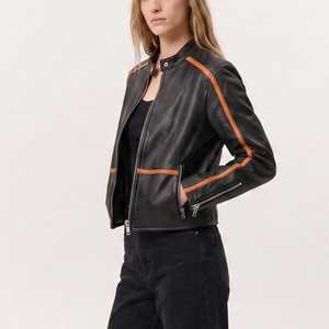 <b>Vintage</b> Racing Leather <b>Jacket</b> Custom Logo Printed Quick Dry Winter Black Orange Genuine Leather Biker Motorcycle <b>Jacket</b> - Product Image 2