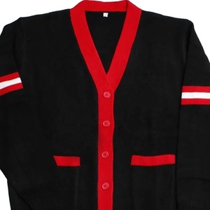 Cardigan en tricot contrasté noir et rouge pour femme, col en V, manches longues, décontracté, toutes saisons, épaisseur standard, fermeture à boutons - Product Image 2