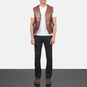 Gilet en cuir véritable pour homme, décontracté, à boutonnage simple, couleur unie, vêtement d'extérieur d'automne, sans col - Product Image 2