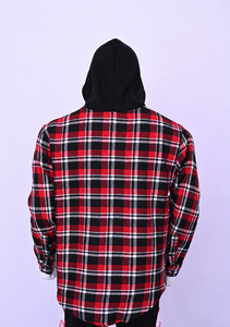 Wholesale Custom Men's Red Black Plaid Hooded <b>Flannel</b> Shirt <b>Jacket</b> Snap Button Casual Streetwear Shacket - Product Image 2