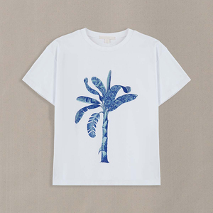 เสื้อยืดผ้าฝ้ายสีขาวสำหรับผู้หญิงพิมพ์ลายต้นปาล์มสีน้ำเงินคอกลมทรงหลวมลำลองแขนสั้นเสื้อเจอร์ซีย์ฤดูใบไม้ผลิฤดูร้อน - Product Image 4