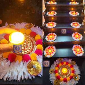 Disques de rangoli Paidi pour marches d'escalier, prêts à poser, avec éclairage chaleureux, support pour bougies chauffe-plat, pétales de plumes blanches et fleur de Gota, pour décorations au sol - Product Image 3