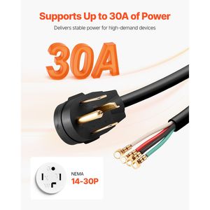 Cavo di alimentazione per asciugatrice da 3 metri, 4 poli NEMA 14-30P, connettori a occhiello, 125V/250V SDRT 10AWG/4C 30A, cavo in rame puro, 5m, USA - Product Image 2
