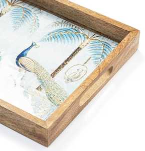 Plateau de service décoratif fait main en bois naturel laqué, imprimé floral, passe au lave-vaisselle, pour thé, café, collations, décoration intérieure - Product Image 6