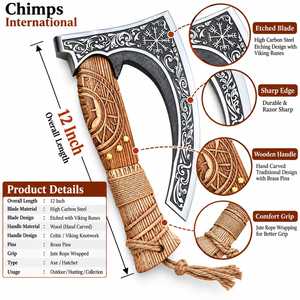 Hache Viking artisanale en acier à haute teneur en carbone avec lame gravée et manche en bois sculpté |   Hache décorative fonctionnelle à tête barbue de 12 pouces - Product Image 3