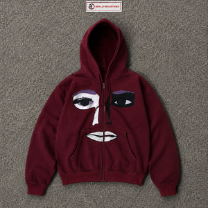 Sweat à capuche zippé unisexe bordeaux avec motif artistique, coupe oversize, style streetwear, décontracté, mode urbaine - Product Image 5