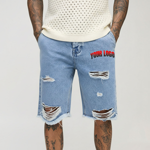 Pantalones Cortos Bermuda de Mezclilla Sólida para Hombre, Cintura Media, Desgastados con Bajo Deshilachado, Estilo Casual con Logo Trasero, 100% Algodón Tejido, Ideales para Verano - Product Image 4
