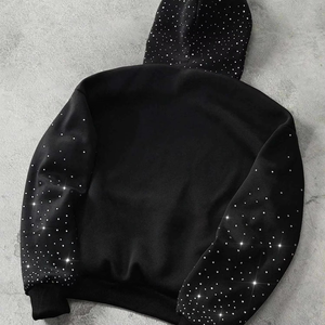 Sudadera con capucha de forro polar con cremallera, personalizada, sólida, de invierno, con pedrería de cristal brillante, estilo urbano casual, 100% algodón, con hombros caídos - Product Image 5
